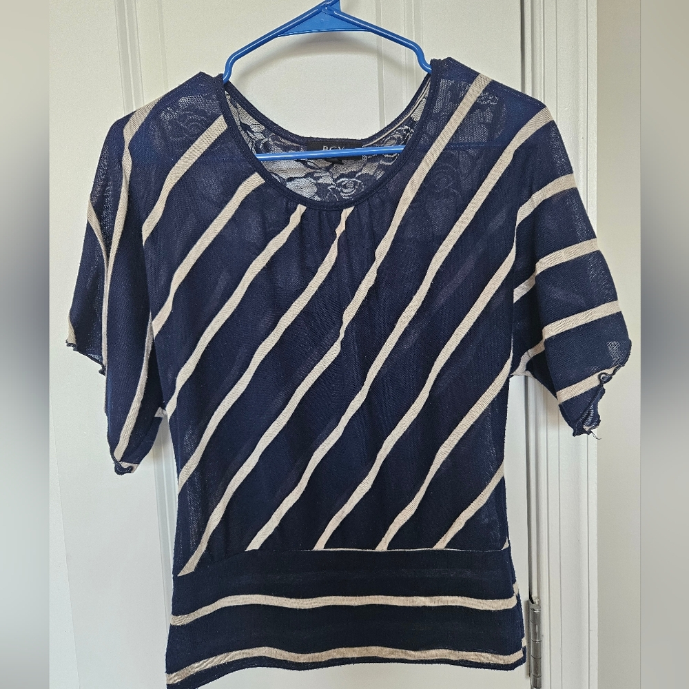 Navy and Cream Striped Women's Top